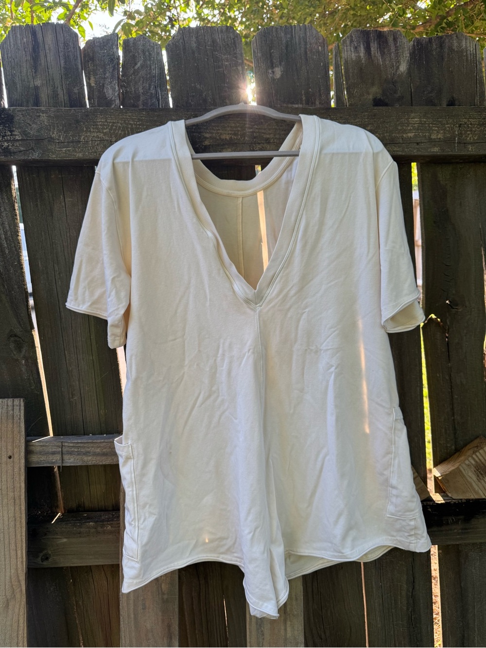 Free People XS Cream V-Neck Oversized Romper Short Sleeve Pocket Lounge Boho